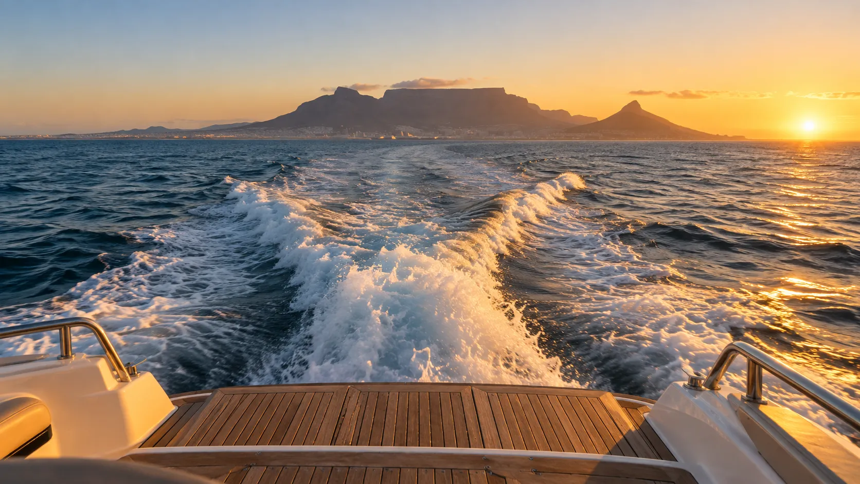 Golden sunset over the Cape Town water from a motorboat